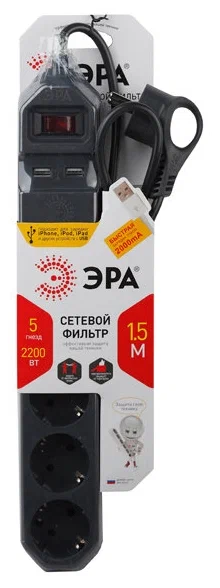 Сетевой фильтр ЭРА USF-5es-1.5m-USB-B Черный - фото 2